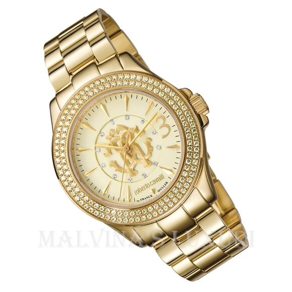 ROBERTO CAVALLI WATCH by FRANCK MULLER 35mm GOLD TONE LOGO CRYSTALS - Picture 3 of 4